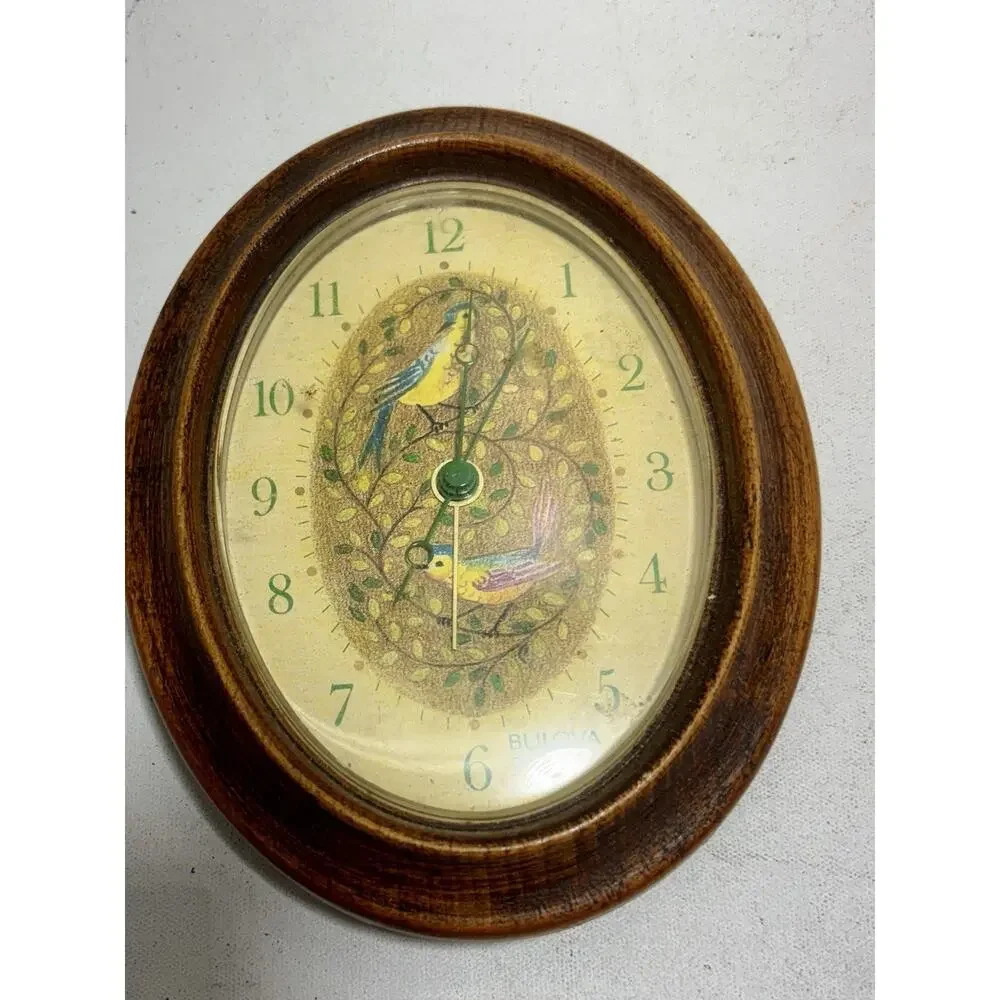 Vintage Bulova Quartz Desk Mantel Clock Bird Dial Faux Wood